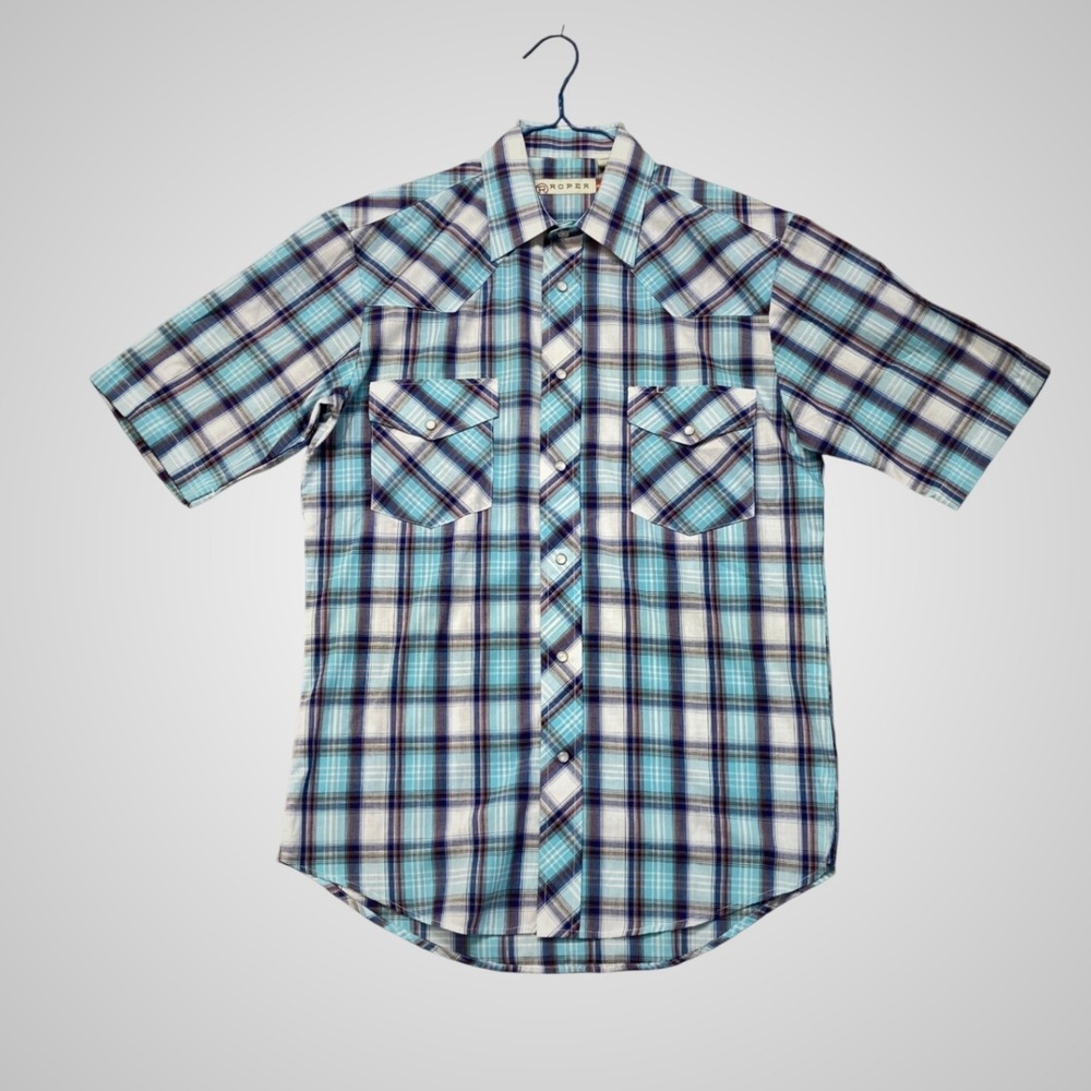 Roper Plaid Western Shirt Womens Small Blue White Short Sleeve Excellent Snap